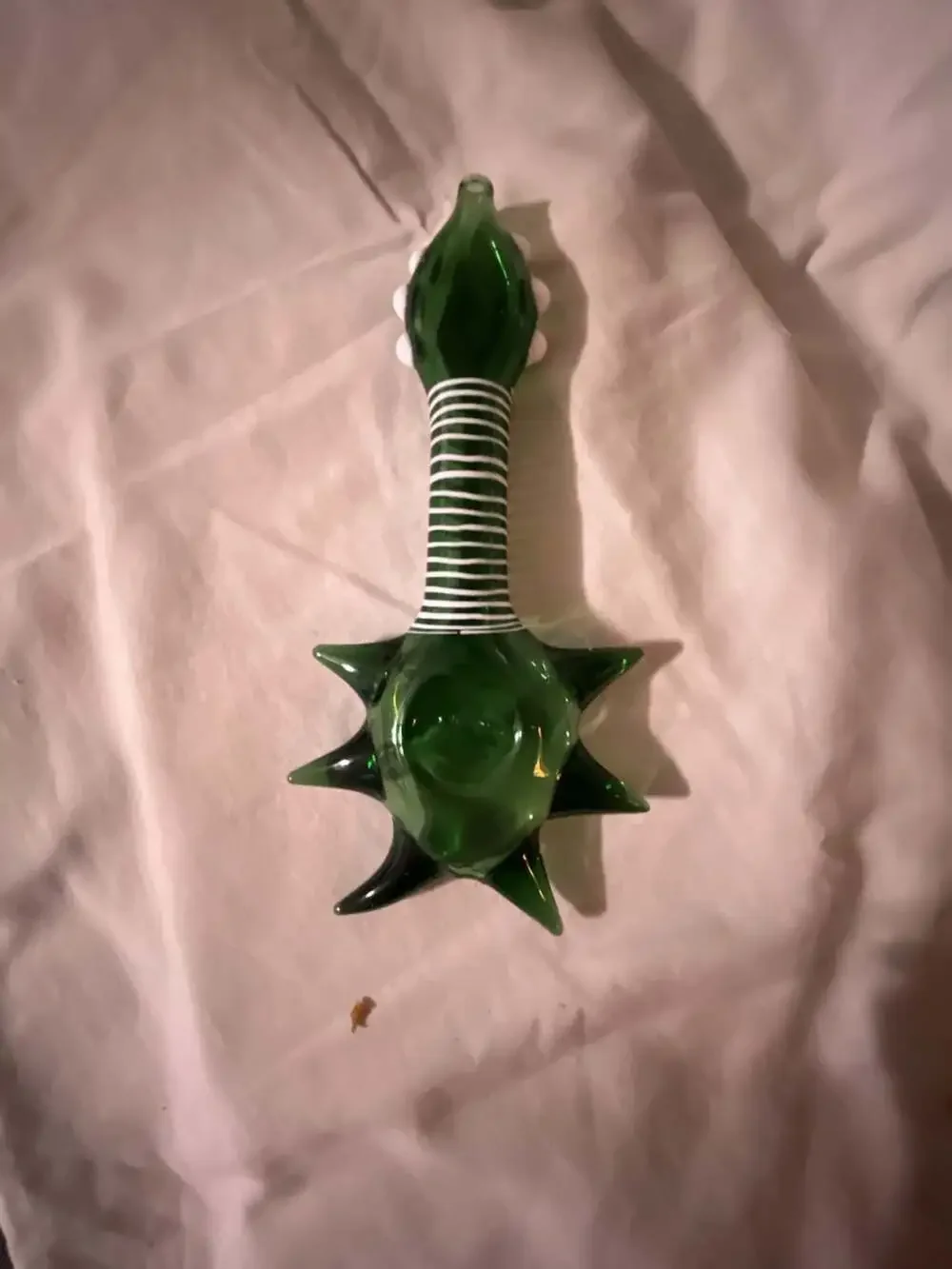 Art Glass Handblown Spiked Green Piece White Striped Stem